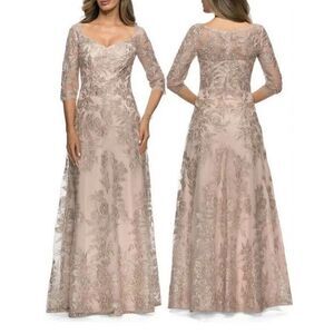 La Femme Women’s Floral Embroidered Mesh A-Line Gown Dress